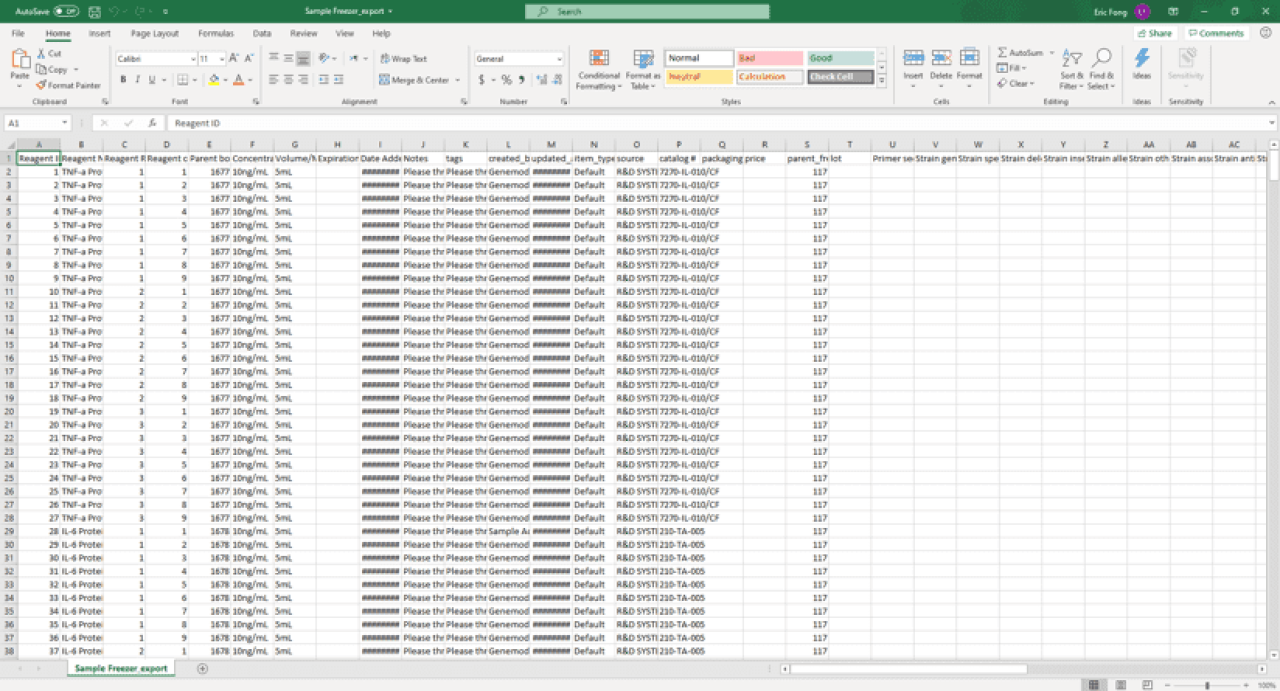 Old excel sheet for lab data