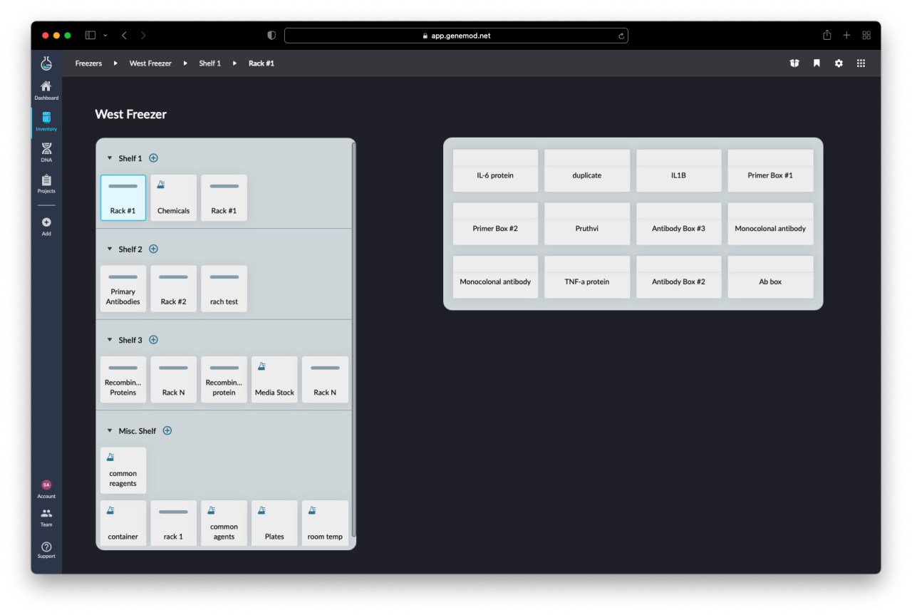 Genemod's shelf and rack view